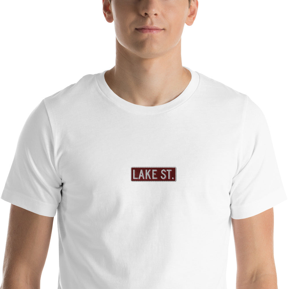 Embroidered Lake St (Sexy Red) - Short-Sleeve Unisex T-Shirt (Centered Logo)