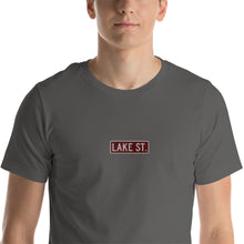 Load image into Gallery viewer, Embroidered Lake St (Sexy Red) - Short-Sleeve Unisex T-Shirt (Centered Logo)
