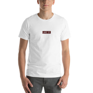 Embroidered Lake St (Sexy Red) - Short-Sleeve Unisex T-Shirt (Centered Logo)