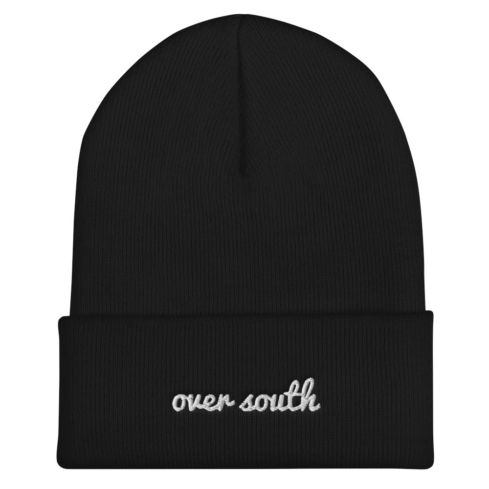 Over South Text Logo (White Text) Embroidered Cuffed Beanie