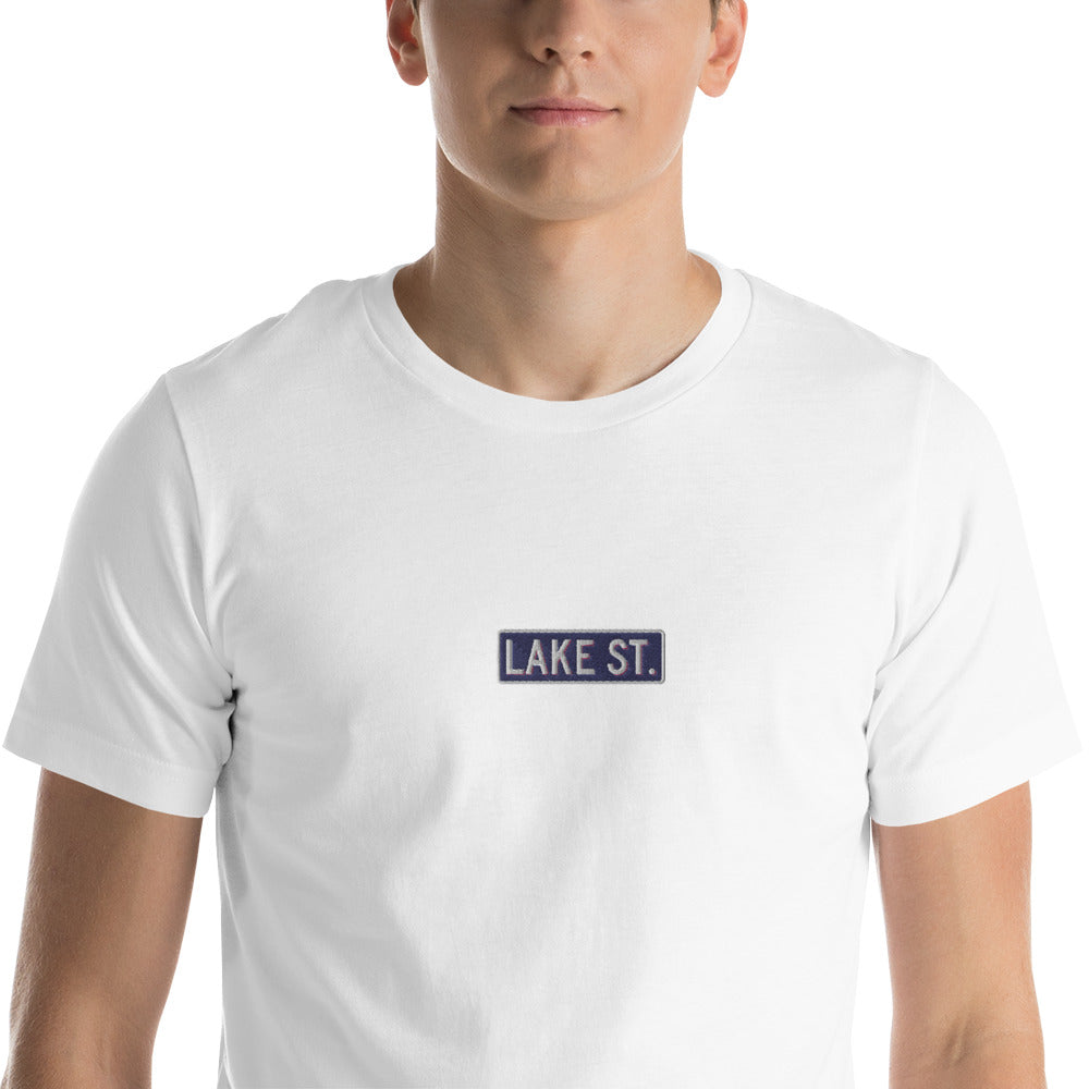 Embroidered Lake St Logo (Navy) Short-Sleeve Unisex T-Shirt (Centered Logo)