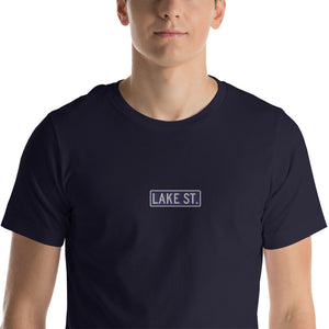 Embroidered Lake St Logo (Navy) Short-Sleeve Unisex T-Shirt (Centered Logo)