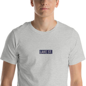 Embroidered Lake St Logo (Navy) Short-Sleeve Unisex T-Shirt (Centered Logo)