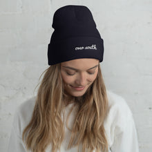 Load image into Gallery viewer, Over South Text Logo (White Text) Embroidered Cuffed Beanie
