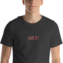 Load image into Gallery viewer, Embroidered Lake St (Sexy Red) - Short-Sleeve Unisex T-Shirt (Centered Logo)
