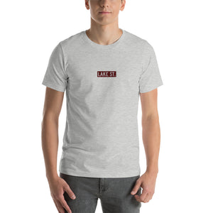 Embroidered Lake St (Sexy Red) - Short-Sleeve Unisex T-Shirt (Centered Logo)
