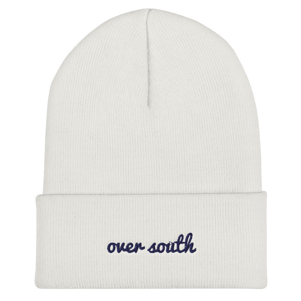 Cuffed South (Navy Text) Over Logo Text Beanie