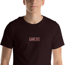 Load image into Gallery viewer, Embroidered Lake St (Sexy Red) - Short-Sleeve Unisex T-Shirt (Centered Logo)
